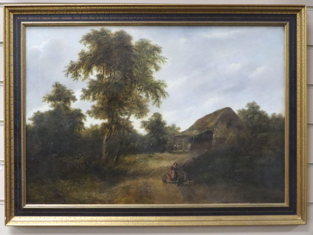 English School (19th century), oil on canvas, Figures with dogs outside a hovel, indistinctly signed, 44cm x 64.5cm